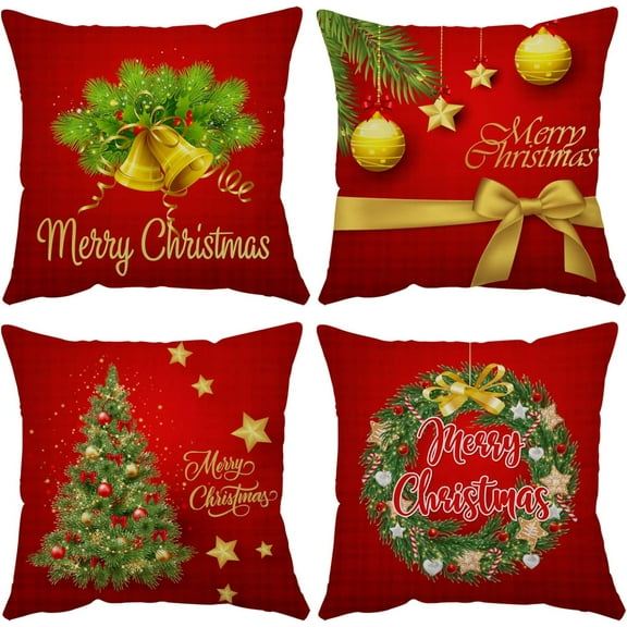 Merry Christmas Pillow Covers 16x16 Set of 4 Velvet Christmas Pillow Cases Red Green Xmas Winter Holiday Throw Pillow Covers Christmas Tree Cushion Covers for Outdoor Home Bed Sofa Couch(16 Inch)