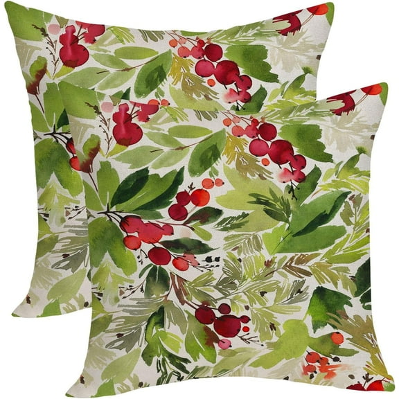Merry Christmas Pillow Covers 18x18 Inch Pack of 2,Green Christmas Watercolor Holly Berry Throw Pillow Covers Winter Christmas Decor Linen Pillowcase Farmhouse Cushion Case for Sofa Couch Bed