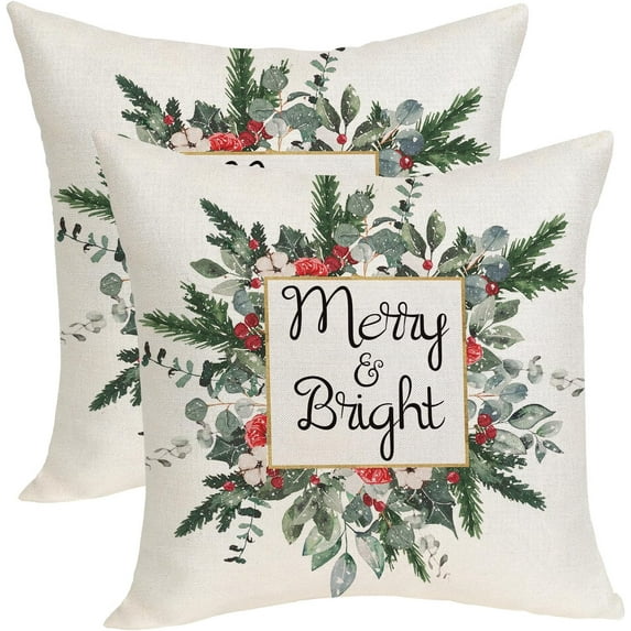 Merry Christmas Pillow Covers 18x18 Inch Pack of 2,Green Christmas Watercolor Holly Berry Throw Pillow Covers Winter Christmas Decor Linen Pillowcase Farmhouse Cushion Case for Sofa Couch Bed