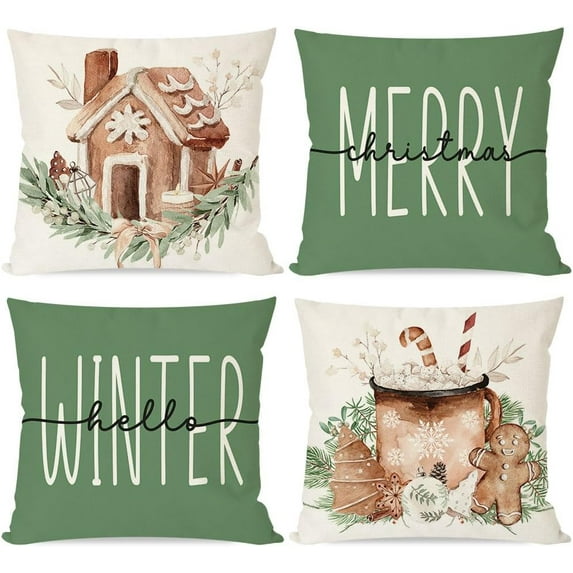Merry Christmas Pillow Covers 18x18 Set of 4 Gingerbread House Hot Cocoa Decorations Green Neutral Christmas Decor Hello Winter Holiday Decorative Throw Pillow Cases for Home Bedroom Couch