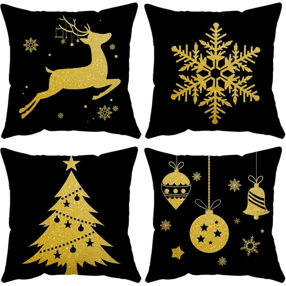 Merry Christmas Pillow Covers 18x18 Set of 4 Velvet Christmas Pillow Cases Black Gold Xmas Winter Holiday Throw Pillow Covers Christmas Tree Cushion Covers for Outdoor Home Bed Sofa Couch(18 Inch)