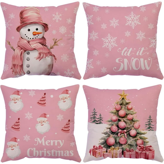 Merry Christmas Pillow Covers 20x20 Set of 4 Velvet Christmas Pillow Cases Pink Xmas Winter Holiday Throw Pillow Covers Christmas Tree Snowman Cushion Covers for Outdoor Home Bed Sofa Couch(20 Inch)