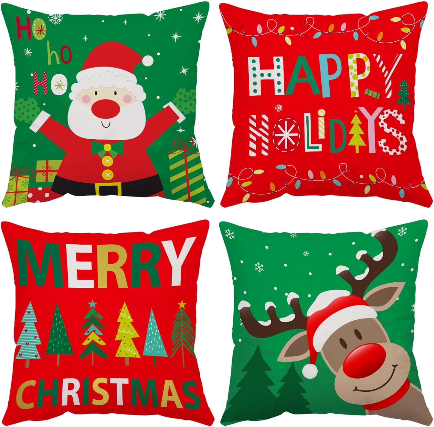 Merry Christmas Pillow Covers 20x20 Set of 4 Velvet Christmas Pillow Cases Red Green Xmas Holiday Throw Pillow Covers Soft Christmas Tree Cushion Covers for Outdoor Home Bed Sofa Couch(20 Inch)