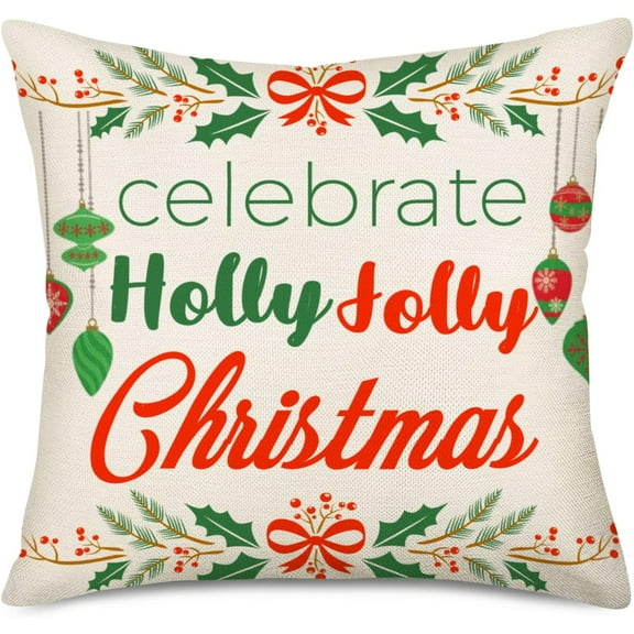 Merry Christmas Pillow Covers Celebrate Holly Jolly Christmas Green and Red Mistletoe Berries Jingle Bells Farmhouse Decorations Cushion Case Xmas Winter Snowflake 18x18 Inch Pillowcase