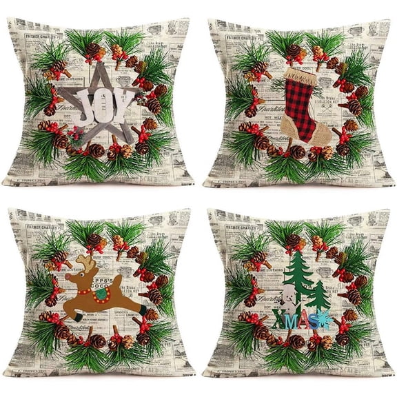 Merry Christmas Pine Cone Leaf Berry Wreath Throw Pillow Cover Happy New Year with Joy Star Christmas Stocking Reindeer Xmas Tree Snowman 18"x18" Pillow Cases Cotton Linen Set of 4 Pillow Cover