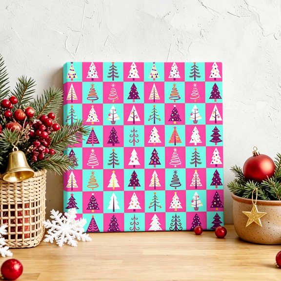 Merry Christmas Pine Tree Cartoon Style Canvas Artwork Painting Art, Pink Buffalo Plaid Square Framed Wall Decorations Prints Picture for Bedroom Kitchen Living Room, 8x8 in