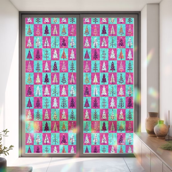 Merry Christmas Pine Tree Cartoon Style Window Privacy Film,Decorative Windows Static Cling Pink Buffalo Plaid Heat Control Removable Glass Sticker for Home Bathroom Bedroom Window Door,35.4x78.7in