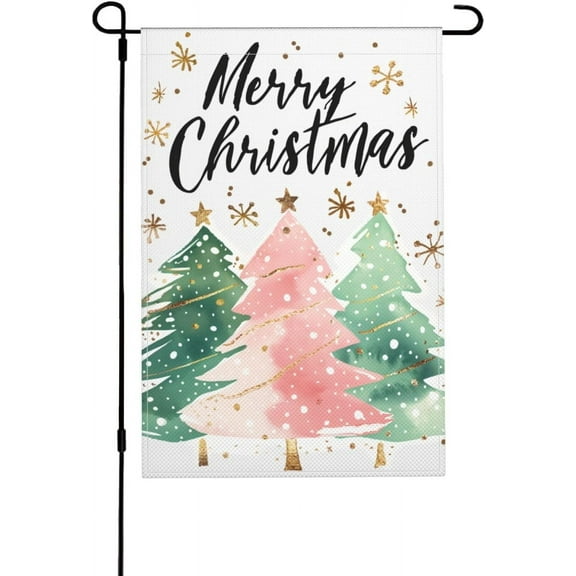 Merry Christmas Pine Tree Decorative Garden Flag, Xmas Snowflakes Yard Lawn Outside Decor, Winter Holiday Farmhouse Linen Outdoor Home Decoration Double Sided 12" X 18"