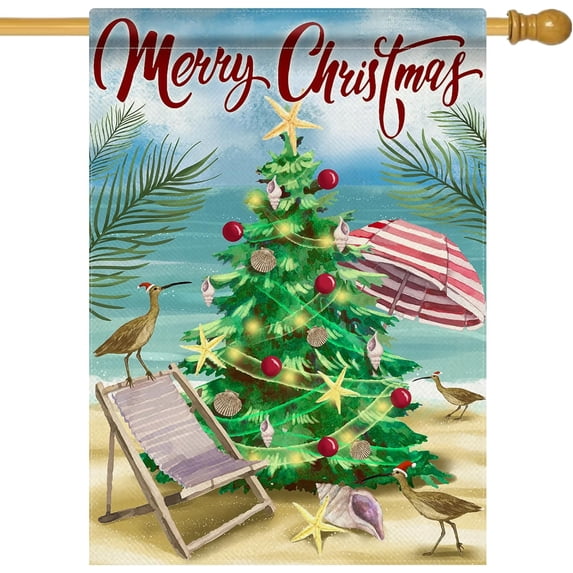 Merry Christmas Pine Tree Decorative House Flag, Xmas Coastal Bird Beach Garden Yard Outside Decorations, Winter Holiday Nautical Ocean Sea Hawaii Outdoor Large Home Decor Double Sided 28x40