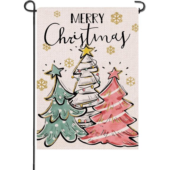 Merry Christmas Pine Tree Small Decorative Garden Flag, Xmas Snowflakes Polka Dots Stripes Yard Lawn Outside Decor, Winter Holiday Farmhouse Burlap Outdoor Home Decoration Double Sided 12.5 x 18