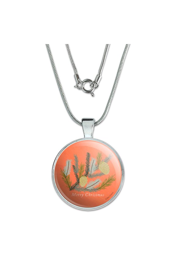 Merry Christmas Pinecones 1" Pendant with Sterling Silver Plated Chain