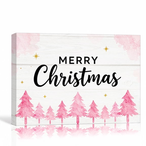 Merry Christmas Pink Canvas Decor, Modern Holiday Quote Tree Wall Art, Cheerful Festive Picture, 36L x 24W
