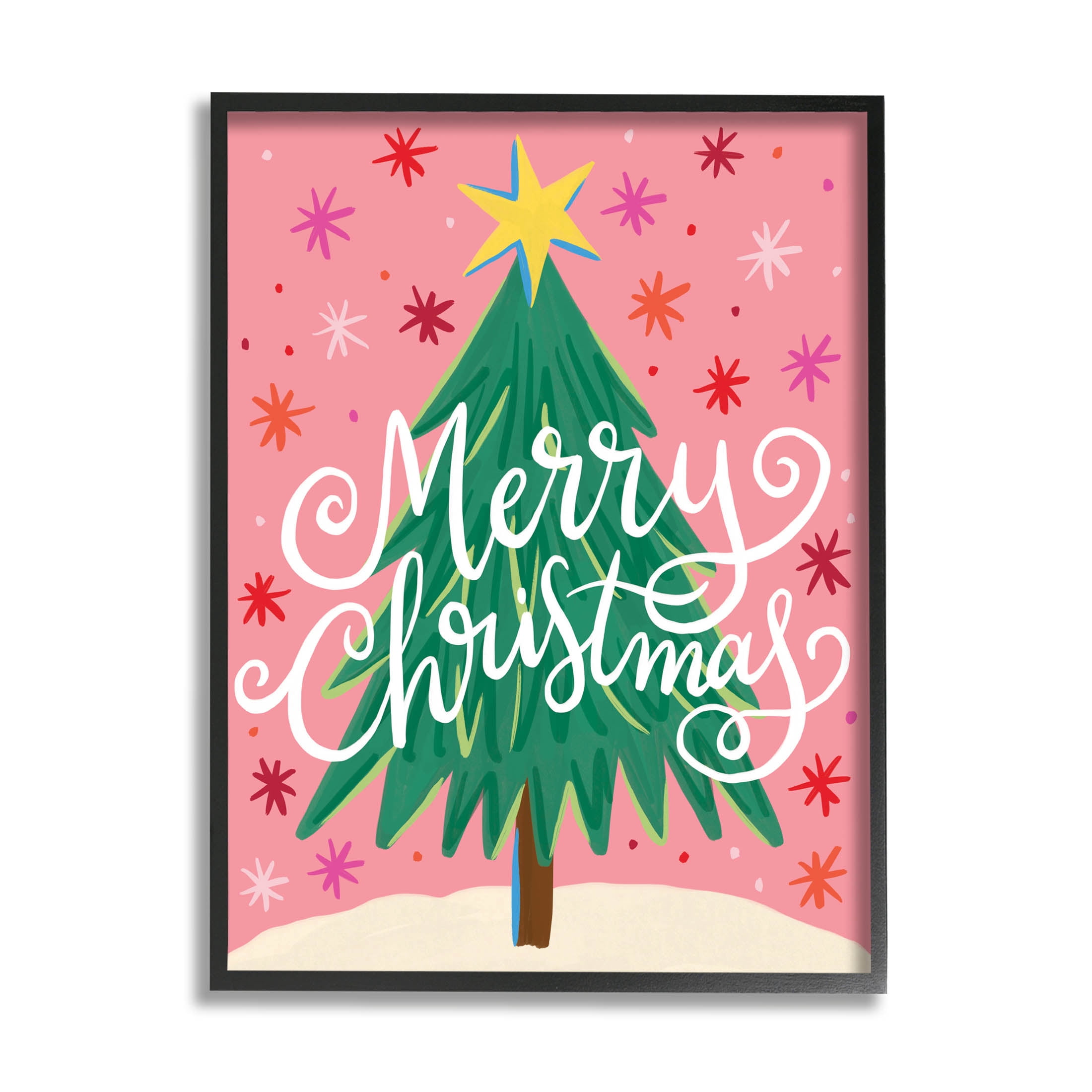 Merry Christmas Pink Starry Pattern Holiday Graphic Art Black Framed Art Print Wall Art