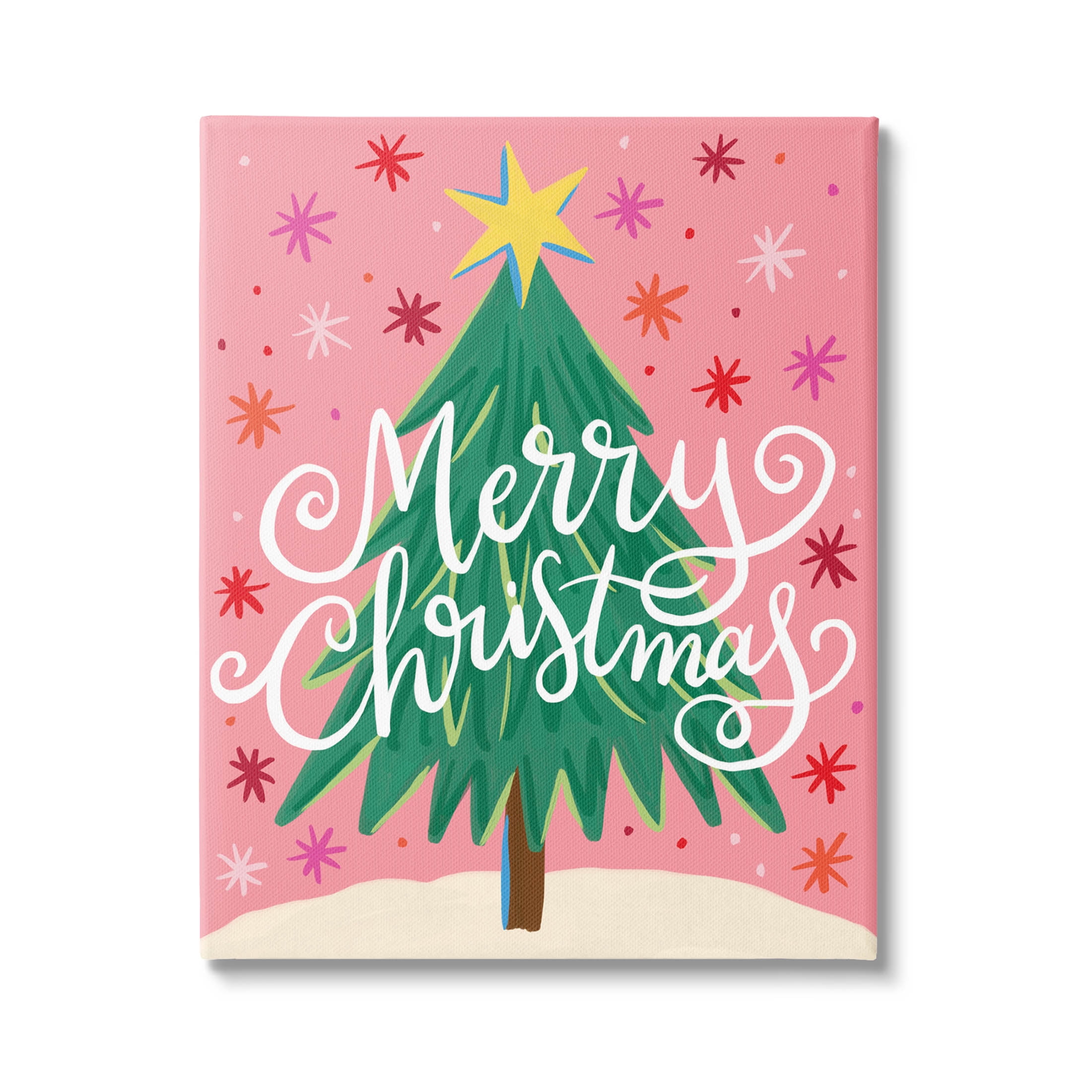 Merry Christmas Pink Starry Pattern Holiday Graphic Art Gallery Wrapped Canvas Print Wall Art