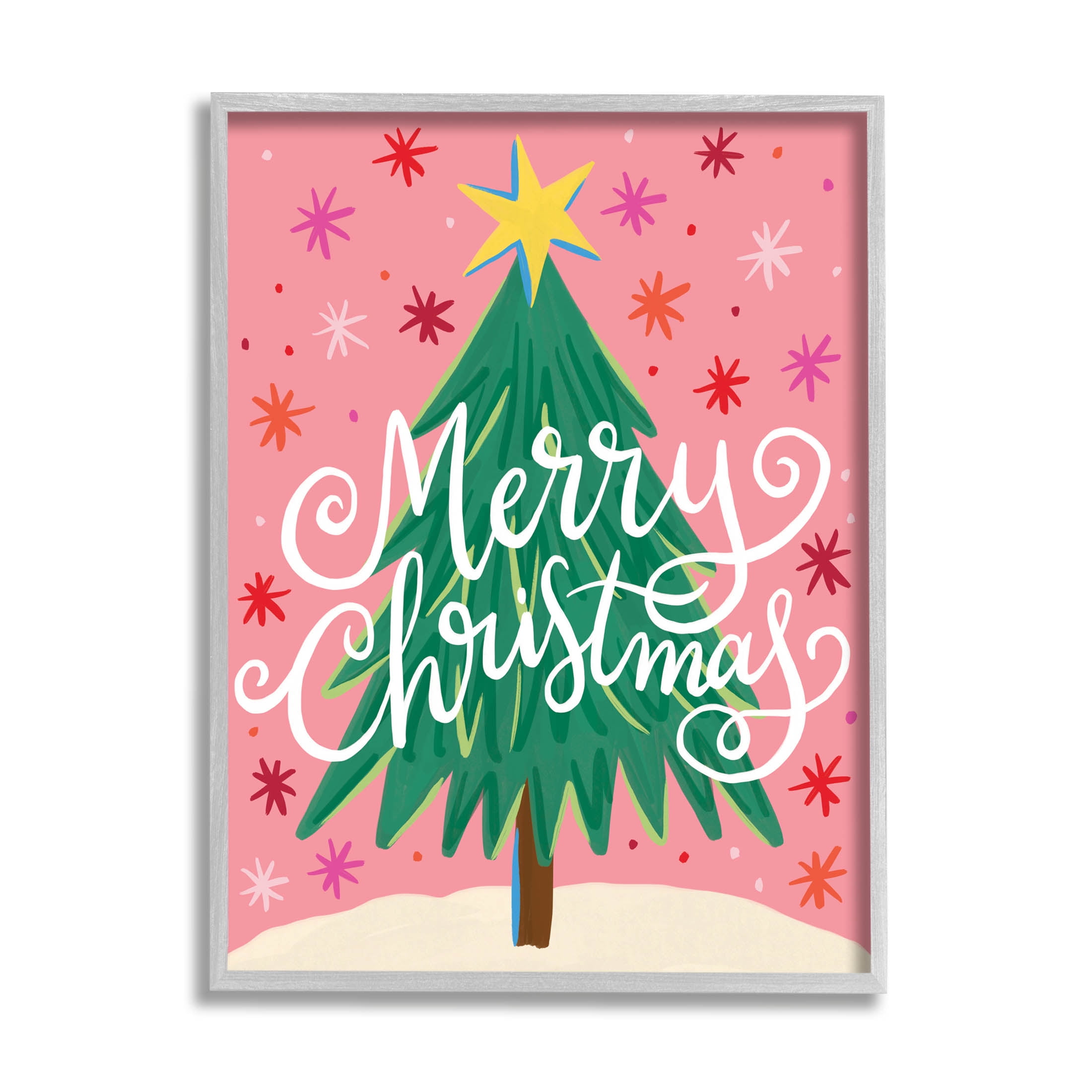 Merry Christmas Pink Starry Pattern Holiday Graphic Art Gray Framed Art Print Wall Art