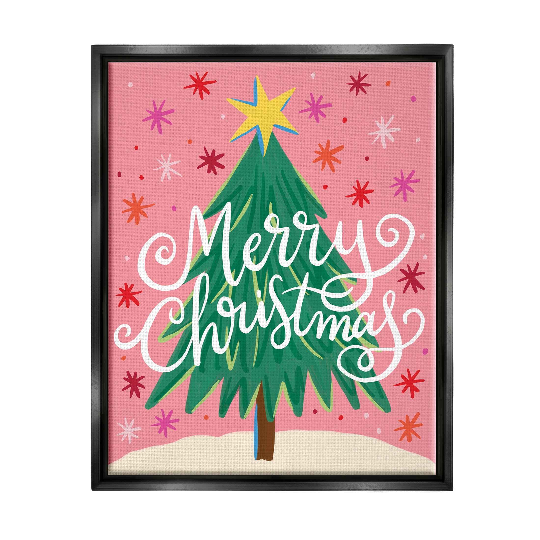 Merry Christmas Pink Starry Pattern Holiday Graphic Art Jet Black Framed Art Print Wall Art