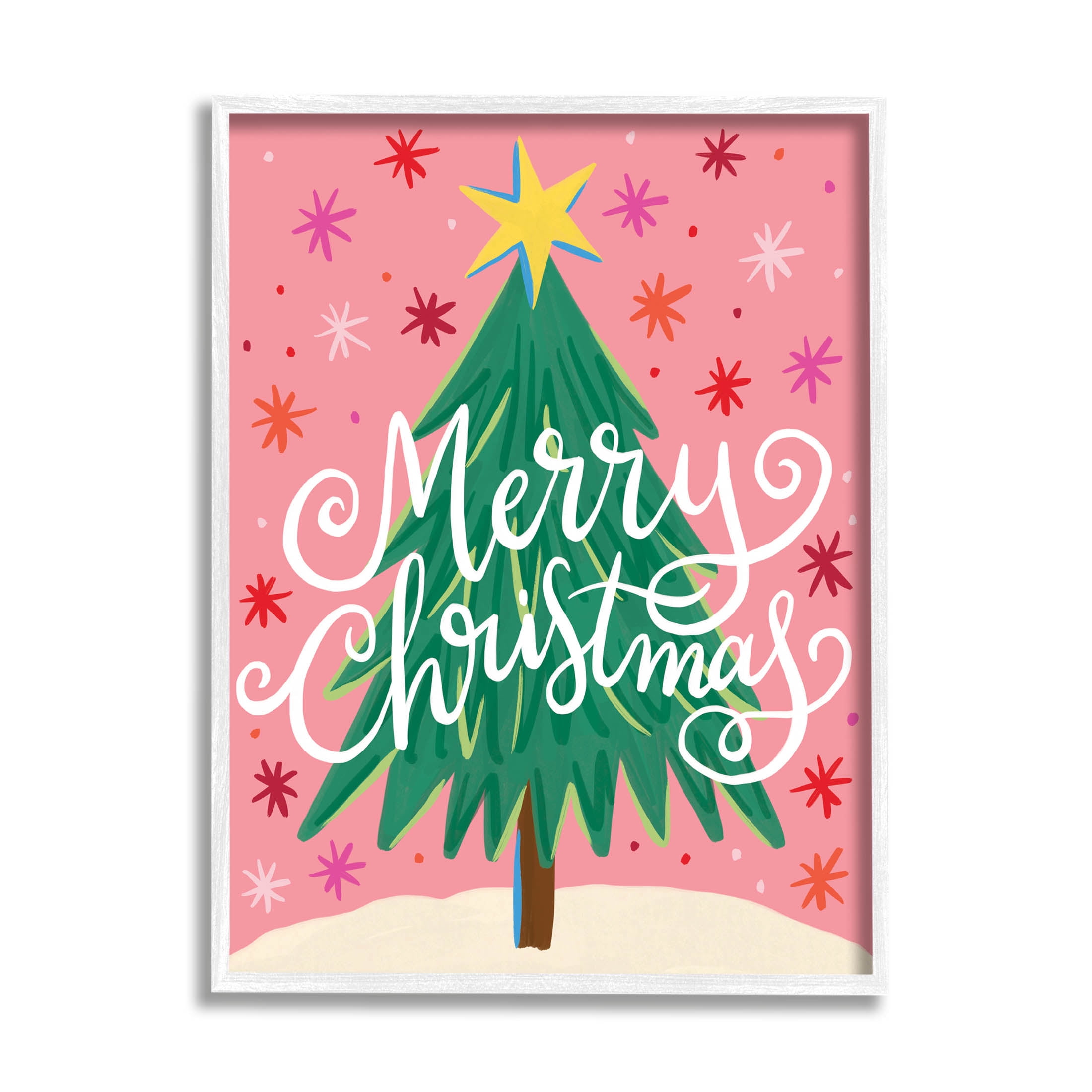 Merry Christmas Pink Starry Pattern Holiday Graphic Art White Framed Art Print Wall Art
