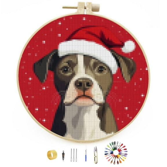 Merry Christmas Pitbull Dog DIY Stamped Cross Stitch Kits Easy for Beginners with Hoop 11CT Counted Embroidery Needlepoint Crafts Arts for Handmade Enthusiasts and Home Decor 30x30cm(3)