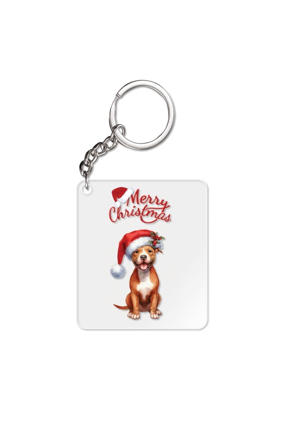 Merry Christmas Pitbull Santa Hat Xmas Tree Winter Holiday Acrylic Keychain Terrier Dog Lover Collar Charm Tag Keyring - 01013