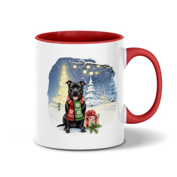 Merry Christmas Pitbull Snowy Winter with Gifts Tree Decorations 11oz Accent Two-tone Mug Terrier Dog Lover Coffee Tea Cup - 12020