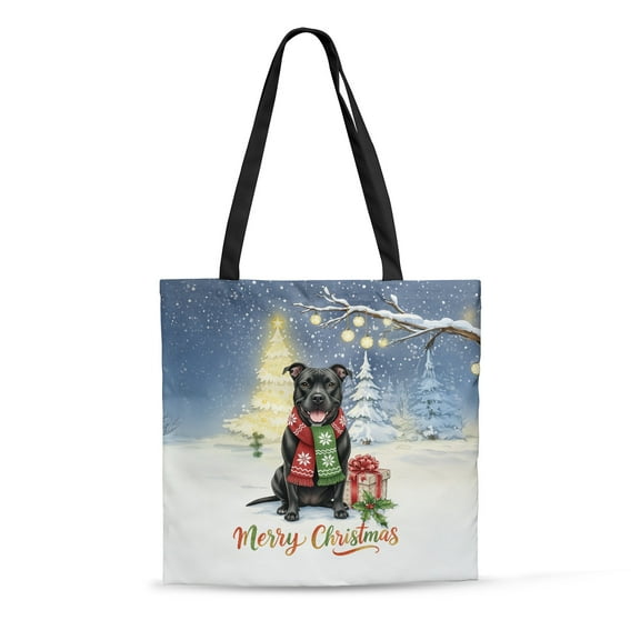 Merry Christmas Pitbull Snowy Winter with Gifts Tree Decorations All Over Print 3D Canvas Tote Bag Terrier Dog Lover Reusable Handbag - 12020