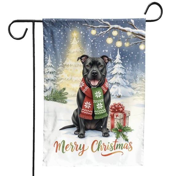 Merry Christmas Pitbull Snowy Winter with Gifts Tree Decorations Garden Flag 12x18in Double Sided Terrier Dog Lover Outdoor Decor - 12020