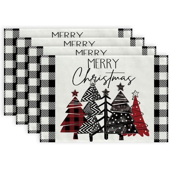 Merry Christmas Placemats 12x18 Inches Set of 4, Xmas Tree Seasonal Farmhouse Burlap Buffalo Plaid Indoor Kitchen Dining Table Decorations for Home Party AP193-18