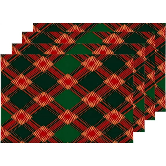 Merry Christmas Placemats, Argyle Green Red Plaid Table Mat Linen Burlap Washable Double-Deck Heat Insulation for Dining Table Kitchen Table Set of 4 (12 x 18 inch)