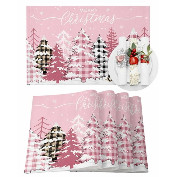 Merry Christmas Placemats Set of 1 Pink Plaid Leopard Xmas Tree Winter Snowflake Heat Insulation Washable Place Mats, Rustic Non-Slip Table Mats for Dining Table Party Kitchen Decor,13x19 Inch
