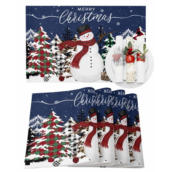Merry Christmas Placemats Set of 1 Snowman Xmas Tree Snowflake Navy Blue Heat Insulation Washable Place Mats, Rustic Non-Slip Table Mats for Dining Table Party Kitchen Decor,13x19 Inch