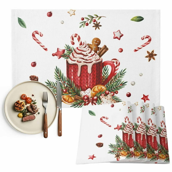 Merry Christmas Placemats Set of 2, Coffee Cup Gingerbread Man Table Mats Washable Heat-Insulation Non-Slip Place Mats for Kitchen Dinner Table Indoor Outdoor Decor,13x19 Inch White
