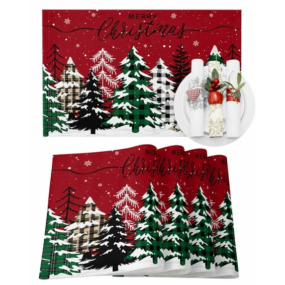 Merry Christmas Placemats Set of 2 Green Plaid Leopard Xmas Tree Winter Red Heat Insulation Washable Place Mats, Rustic Non-Slip Table Mats for Dining Table Party Kitchen Decor,13x19 Inch