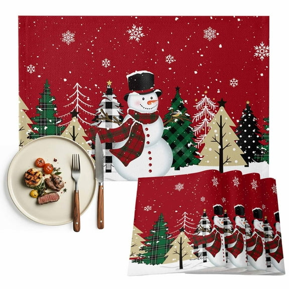 Merry Christmas Placemats Set of 2, Winter Snowman Buffalo Plaid Xmas Tree Table Mats Washable Heat-Resistant Non-Slip Place Mats for Kitchen Dinner Table Indoor Outdoor Decor,13x19 Inch Red Green