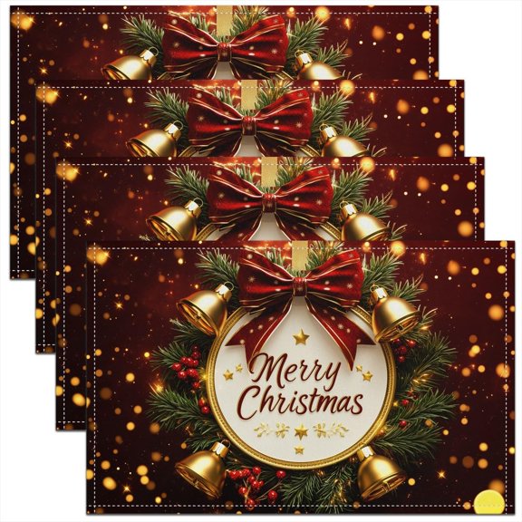 Merry Christmas Placemats Set of 4 12x18 Happy New Year Table Mats Bell Bow Wreath Place Mat Gold Glitter Sequins Pattern Table Decor for Party Kitchen Dining