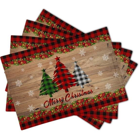 Merry Christmas Placemats Set of 4 18" x 12", Winter Xmas Tree Snowflake Red Plaid Table Mats Heat-Resisting Non Slip Reversible Burlap Coffee Place Mats for Party Dining Table Kitchen Decor