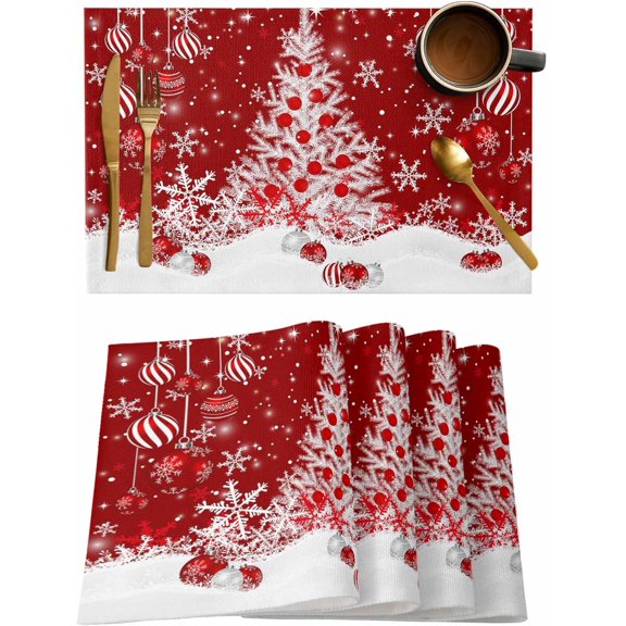 Merry Christmas Placemats Set of 4,Cotton Linen Table Mats Non-Slip Washable Red Xmas Tree Balls Snowflake Winter Snow Placemat for Holiday Party Dining Snowflake Kitchen Table Decor
