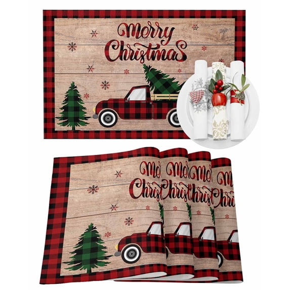 Merry Christmas Placemats Set of 4 Red and Black Buffalo Plaid Truck Tree Heat Insulation Washable Place Mats, Rustic Non-Slip Table Mats for Dining Table Party Kitchen Decor,13x19 Inch