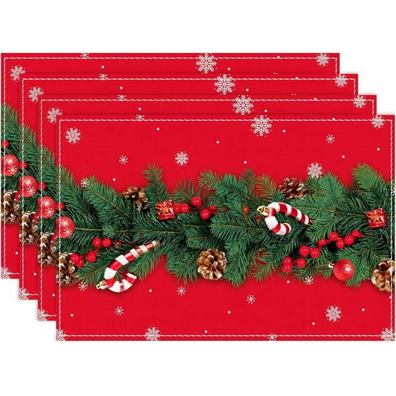 Merry Christmas Placemats Set of 4 Red Green Sandpins Stars Red Bottom Heat Insulation Washable Place Mats, Rustic Non-Slip Table Mats for Dining Table Party Kitchen Decor,12x18 Inch