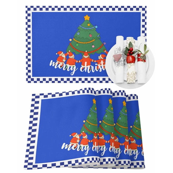 Merry Christmas Placemats Set of 4 Santa Claus Tree Blue Plaid Heat Insulation Washable Place Mats, Rustic Non-Slip Table Mats for Dining Table Party Kitchen Decor,13x19 Inch