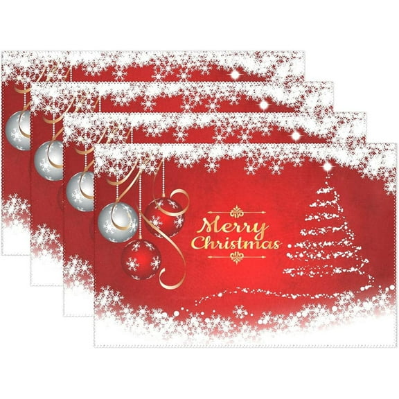 Merry Christmas Placemats Set of 4,Snowflake Ball Xmas Tree Heat-Resistant Kitchen Table Mats Washable Placemats Non-Slip Placemat for Dining Table, Office Party Home Decor