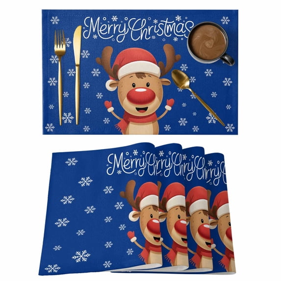 Merry Christmas Placemats Set of 6, Blue Winter Xmas Hat Deer Snowflake Placemats for Dining Table, Place Mats for Kitchen Tabletop, Waterproof Wipeable Dining Table Mats Set