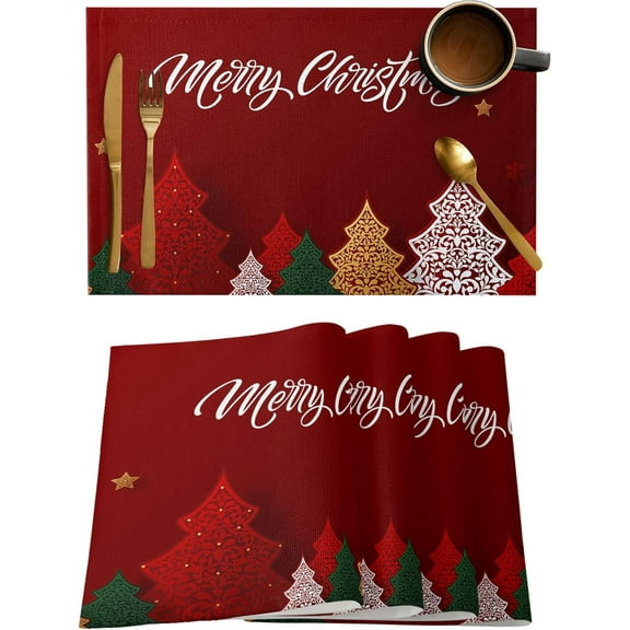 Merry Christmas Placemats Set of 6, Geometric Christmas Tree Heat Resistant Washable Table Place Mats Red Cotton Table Linens Party Holiday Decor for Kitchen Dining Outdoor Indoor
