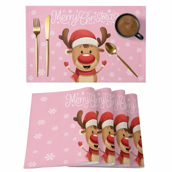 Merry Christmas Placemats Set of 6, Pink Winter Xmas Hat Deer Snowflake Placemats for Dining Table, Place Mats for Kitchen Tabletop, Waterproof Wipeable Dining Table Mats Set