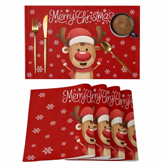 Merry Christmas Placemats Set of 6, Red Winter Xmas Cartoon Deer Snowflake Placemats for Dining Table, Place Mats for Kitchen Tabletop, Waterproof Wipeable Dining Table Mats Set