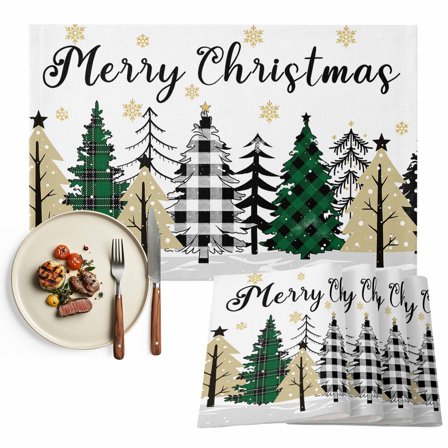 Merry Christmas Placemats Set of 6, Xmas Green Black Buffalo Tree Table Mats Washable Heat-Insulation Non-Slip Place Mats for Kitchen Dinner Table Indoor Outdoor Decor,13x19 Inch Snowflakes
