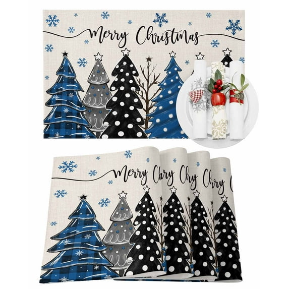 Merry Christmas Placemats Set of 6 Xmas Tree Snowflake Plaid Blue Linen Heat Insulation Washable Place Mats, Rustic Non-Slip Table Mats for Dining Table Party Kitchen Decor,13x19 Inch