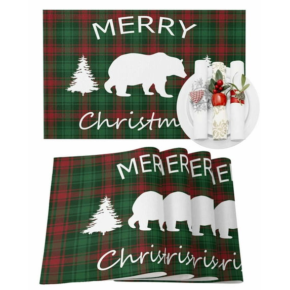 Merry Christmas Placemats Set of 8 Bear and Tree Red Green Buffalo Plaid Heat Insulation Washable Place Mats, Rustic Non-Slip Table Mats for Dining Table Party Kitchen Decor,13x19 Inch
