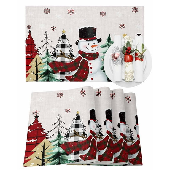 Merry Christmas Placemats Set of 8 Christmas Snowman Snowflakes Tree Red Plaids Linen Heat Insulation Washable Place Mats, Rustic Non-Slip Table Mats for Dining Table Party Kitchen Decor,13x19 Inch