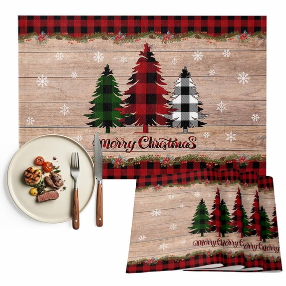 Merry Christmas Placemats Set of 8, Farmhouse Buffalo Plaid Christmas Tree Table Mats Washable Heat-Resistant Non-Slip for Kitchen Dinner Table Indoor Outdoor Decor,13x19 Inch Red Black Green