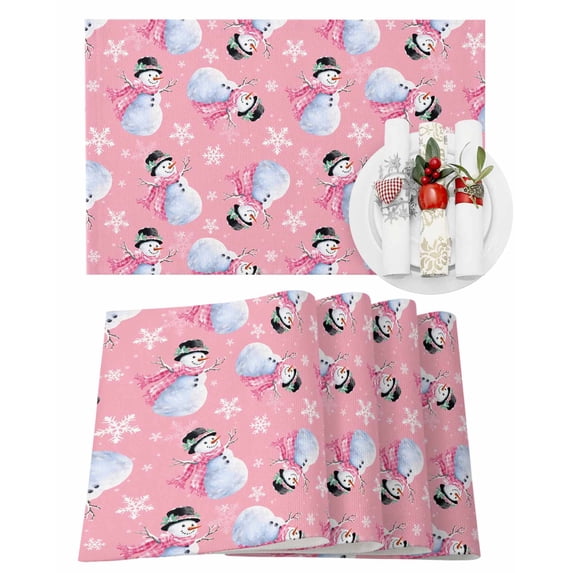 Merry Christmas Placemats Set of 8 Pink Scarf Snowman Snowflake Heat Insulation Washable Place Mats, Rustic Non-Slip Table Mats for Dining Table Party Kitchen Decor,13x19 Inch